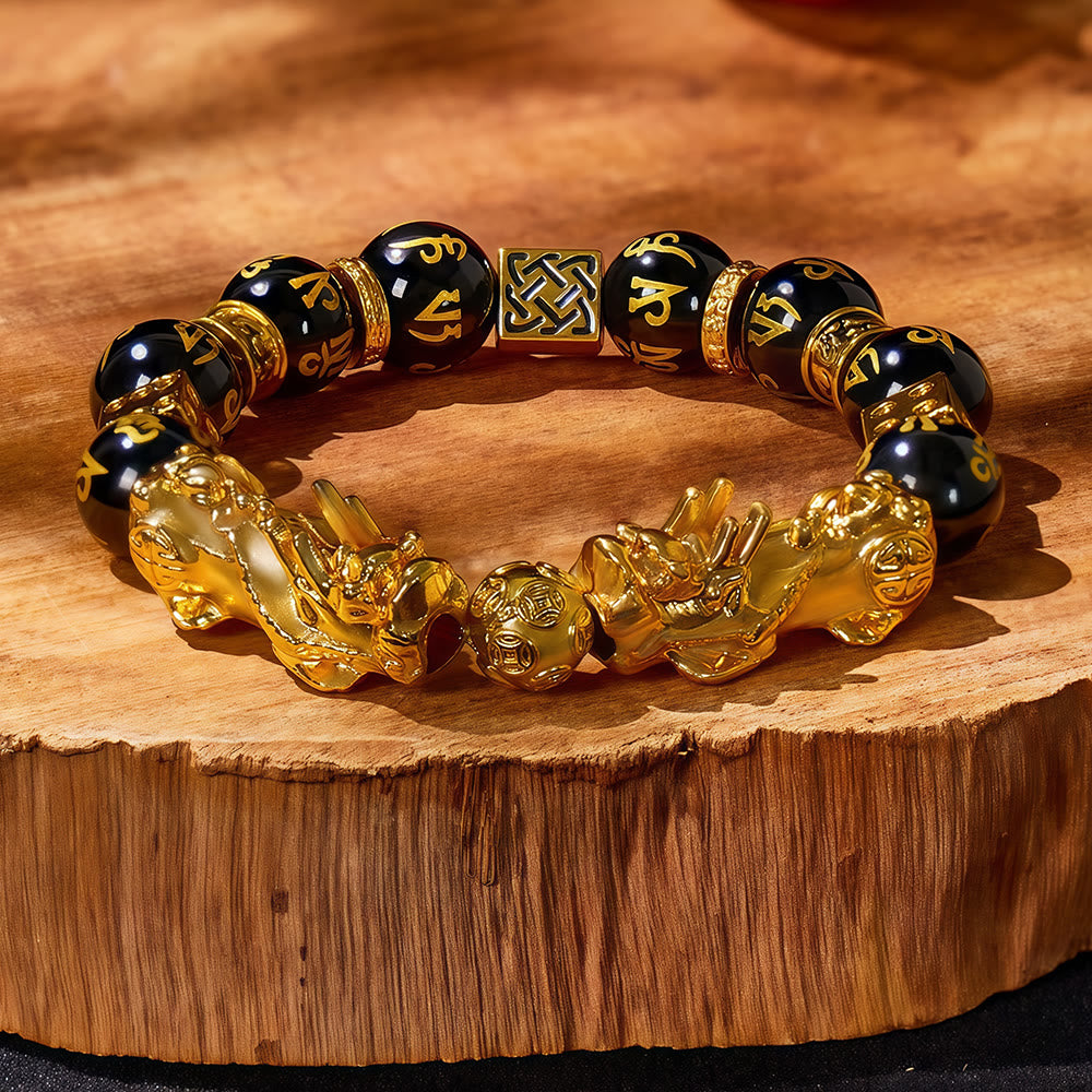 FuAttract Calm & Protection - Black Onyx Six-Word Mantra Beads Pixiu Bracelet - Black Onyx - image 0
