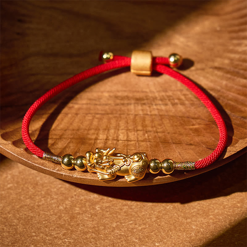 FuAttract Destiny Braider - Silver Pixiu Adjustable Handwoven Red String Bracelet - Gold - Red - image 0