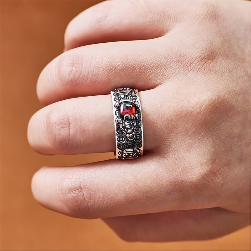 FuAttract Focused Power - Sacred Script Adjustable Silver Garnet Pixiu Ring - image 5