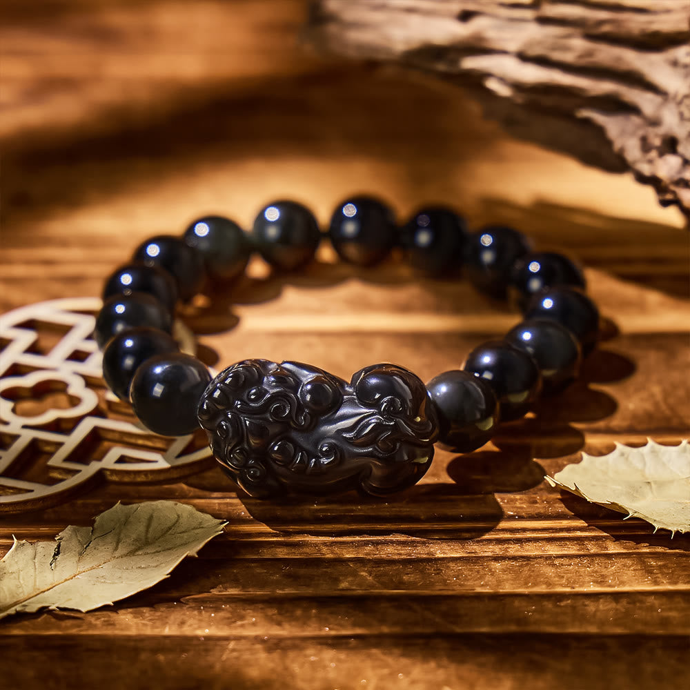 Abundance & Energy Shield Bracelet – Pixiu + Rainbow Eye Obsidian - 12mm - image 10