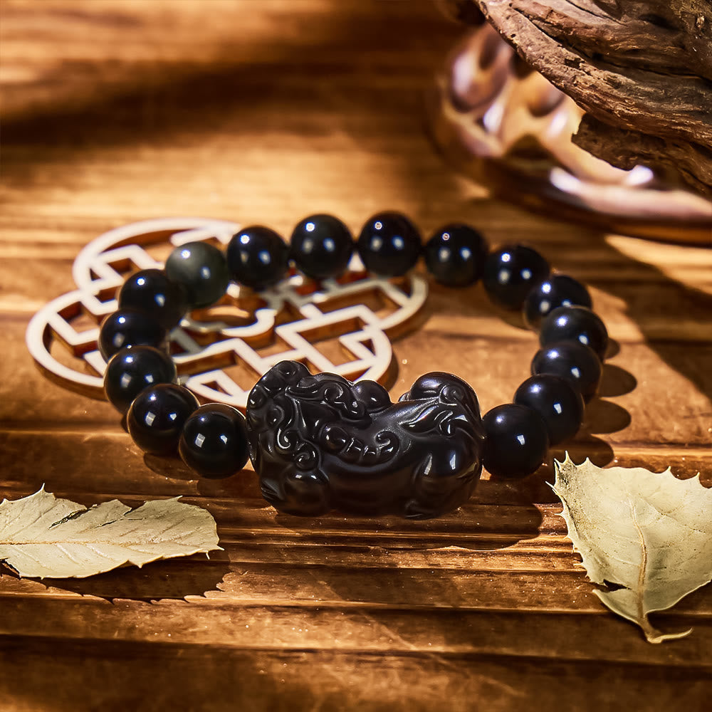 Abundance & Energy Shield Bracelet – Pixiu + Rainbow Eye Obsidian - 10mm - image 8