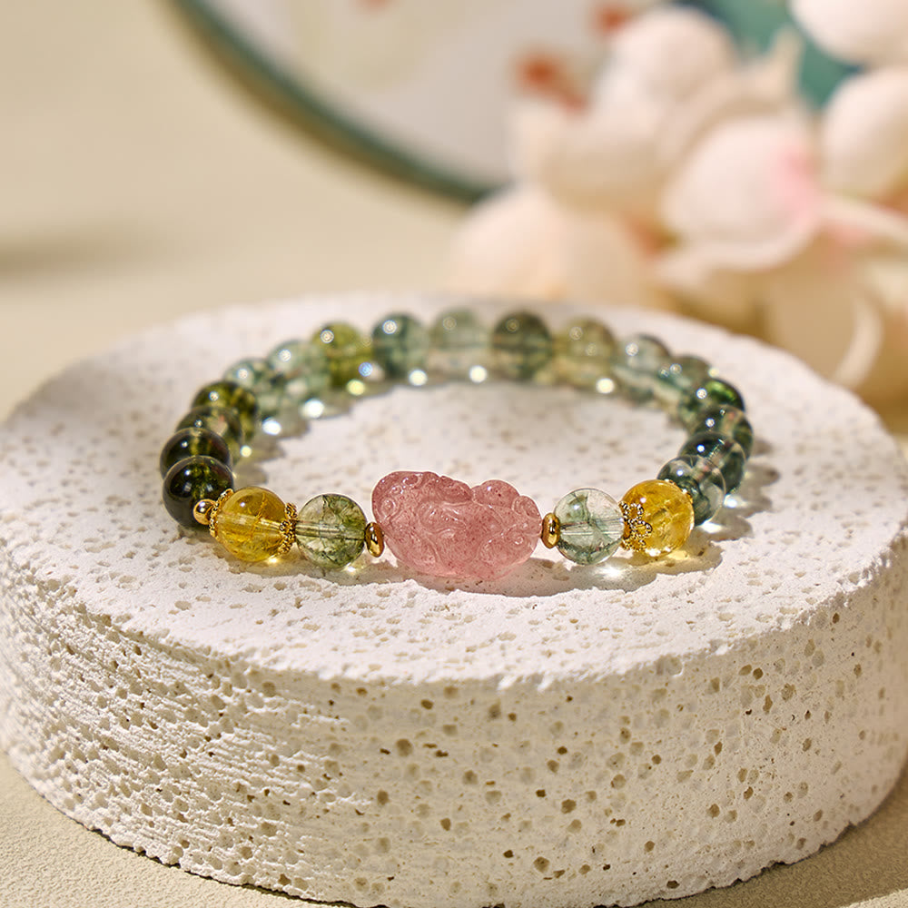 FuAttract Harmonizing Abundance and Love with Green Phantom, Strawberry Quartz & Citrine Pixiu Bracelet - image 3