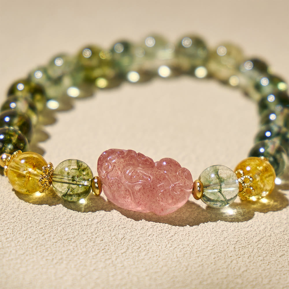 FuAttract Harmonizing Abundance and Love with Green Phantom, Strawberry Quartz & Citrine Pixiu Bracelet - image 9