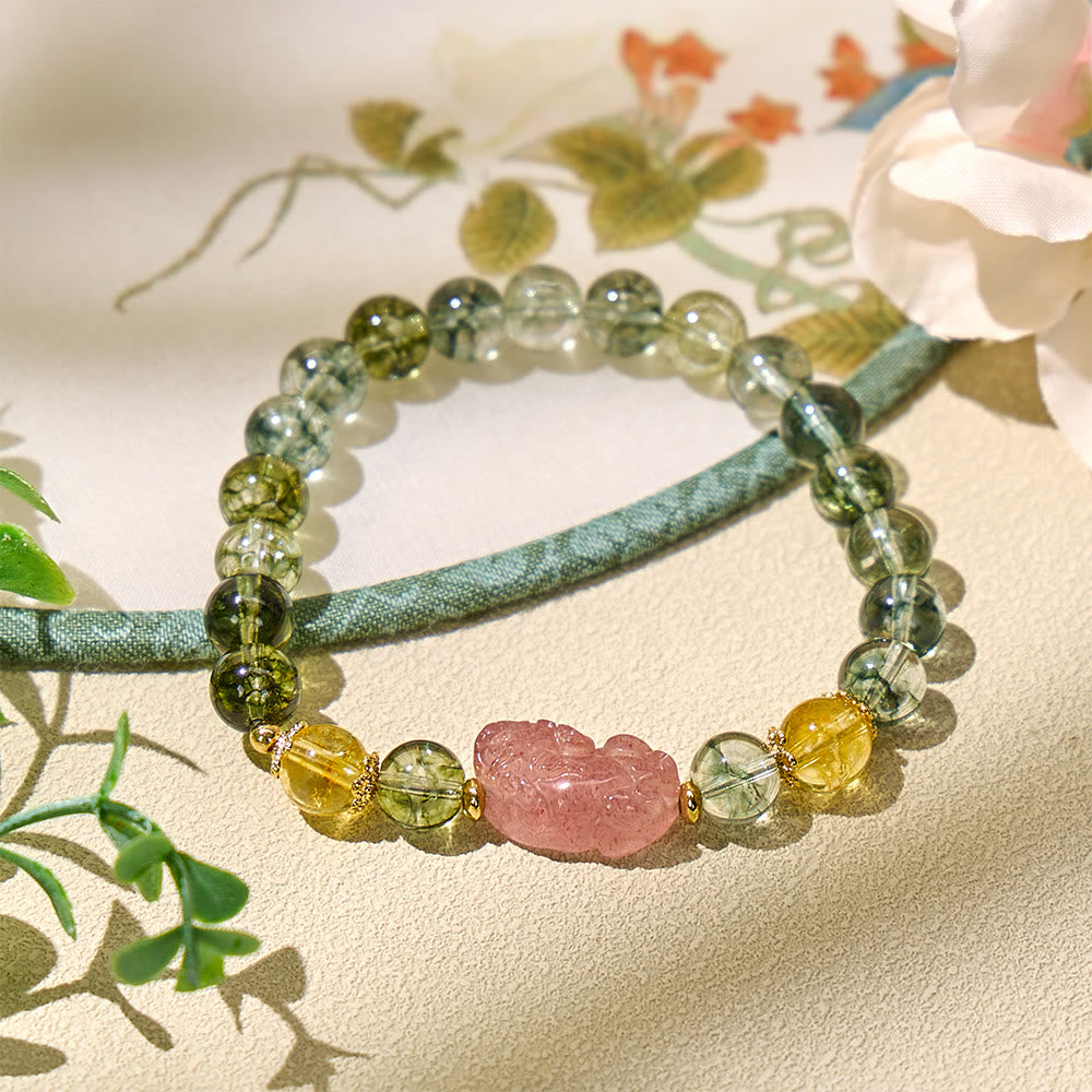 FuAttract Harmonizing Abundance and Love with Green Phantom, Strawberry Quartz & Citrine Pixiu Bracelet - image 1