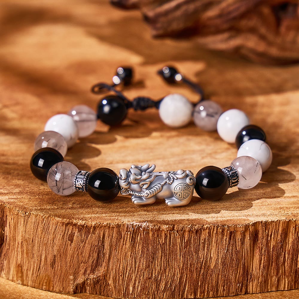 FuAttract Fortune Loop - Handwoven Silver Pixiu Obsidian Rutilated Quartz Bracelet - Obsidian Black Rutilated Quartz White Turquoise - image 0