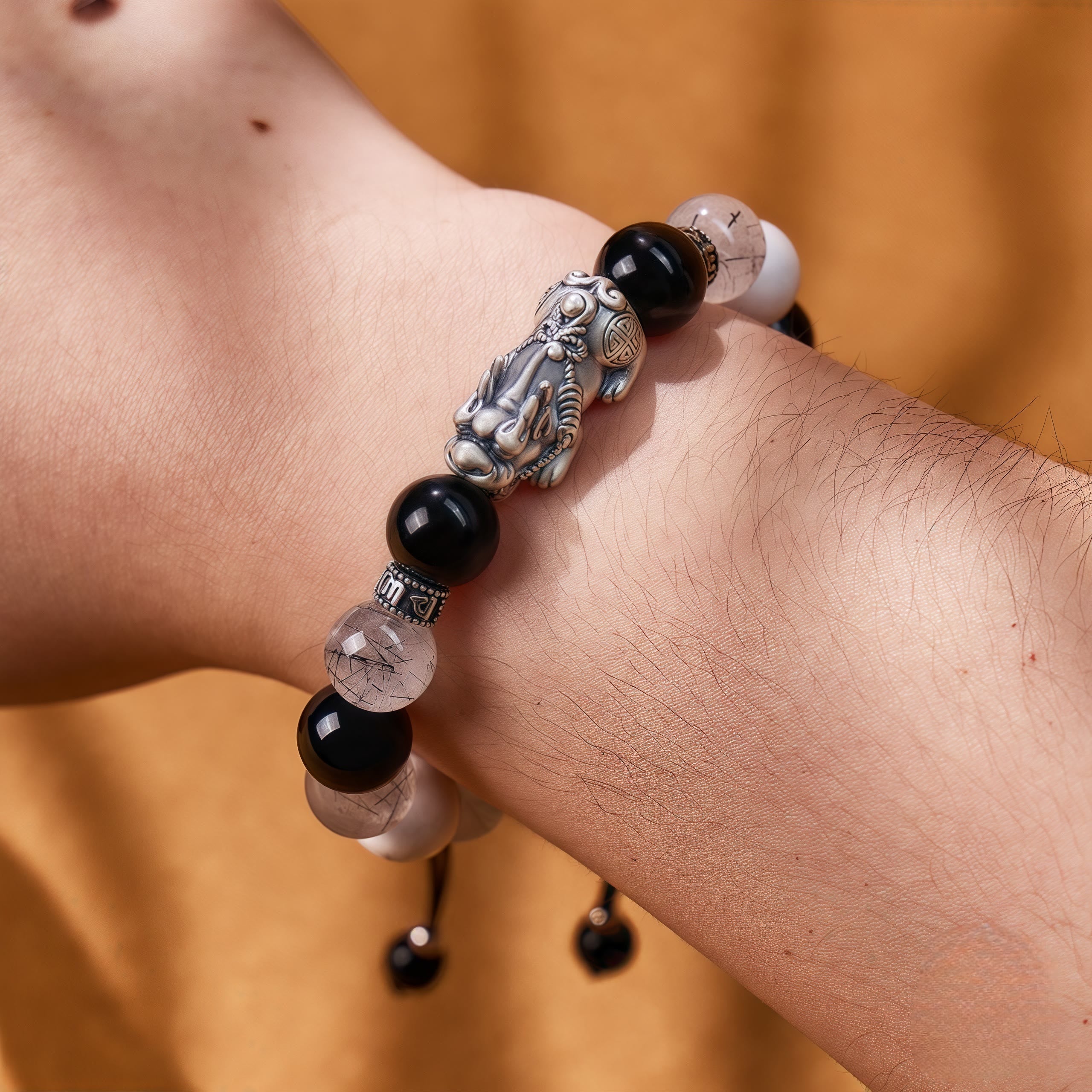 FuAttract Fortune Loop - Handwoven Silver Pixiu Obsidian Rutilated Quartz Bracelet - image 5