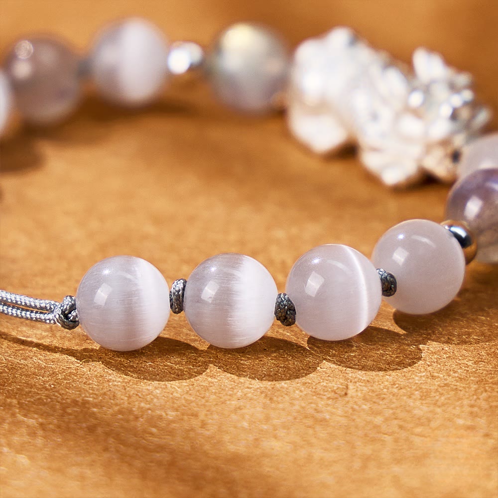 FuAttract Destiny Cord - Handwoven Silver Pixiu Moonstone Cat's Eye Bracelet - image 4