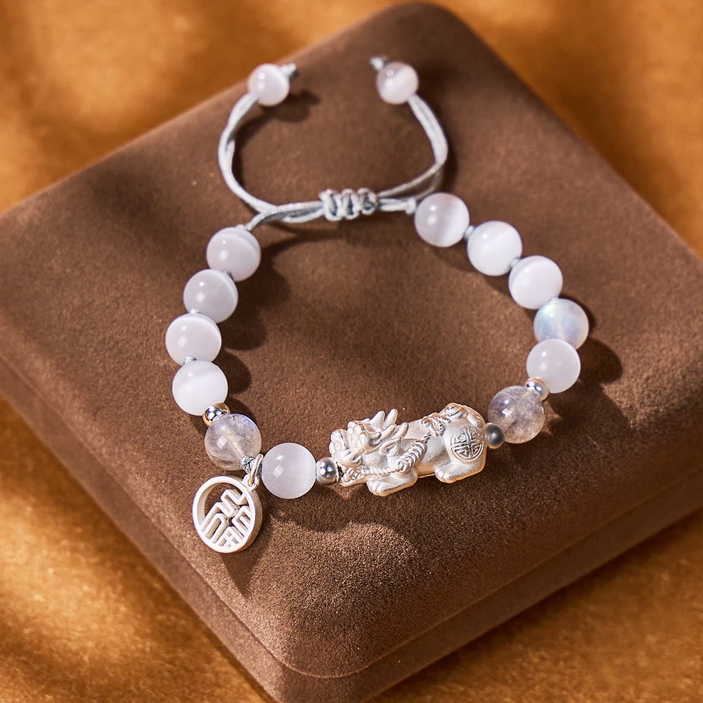 FuAttract Destiny Cord - Handwoven Silver Pixiu Moonstone Cat's Eye Bracelet - image 1