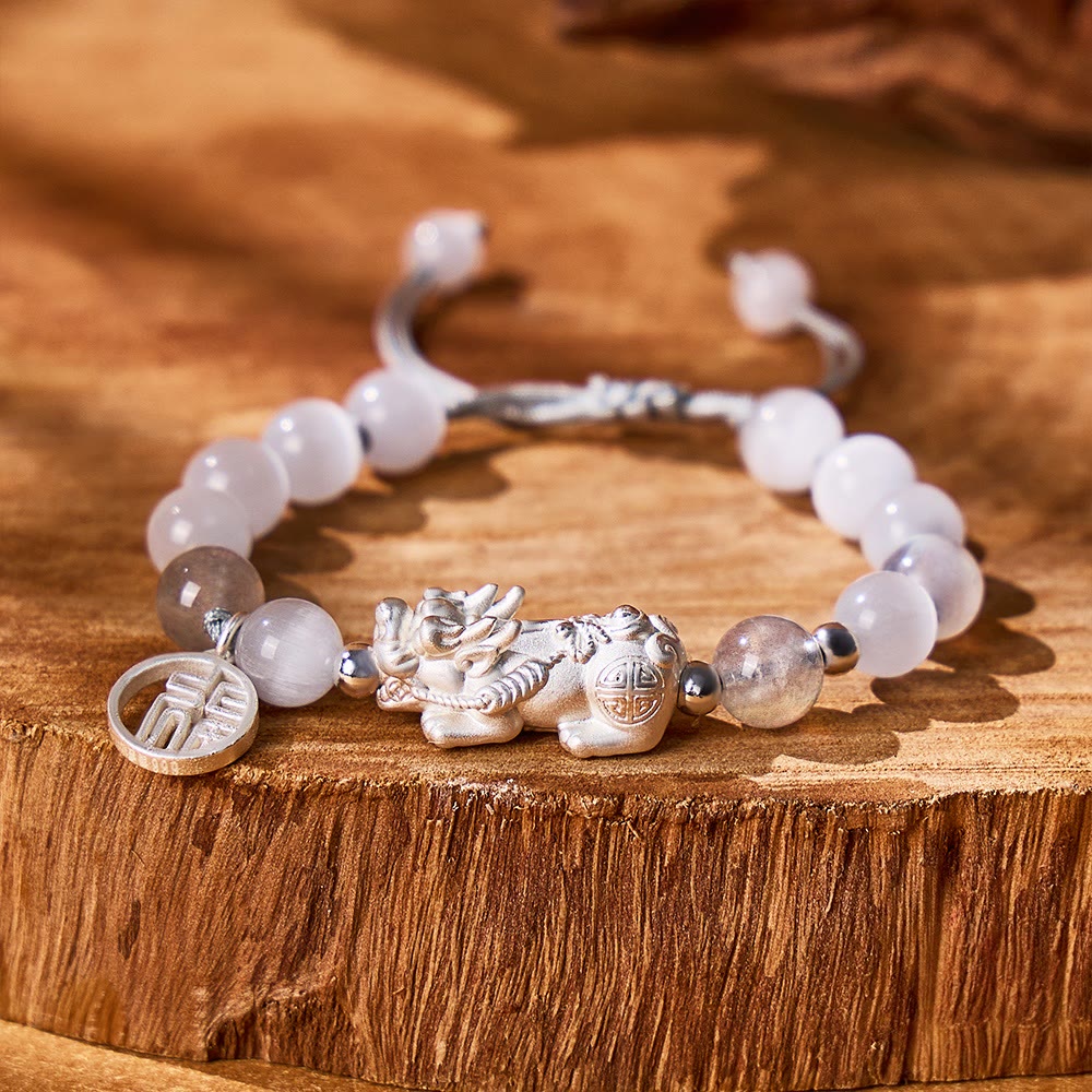 FuAttract Destiny Cord - Handwoven Silver Pixiu Moonstone Cat's Eye Bracelet - Moonstone Cat's Eye - image 0