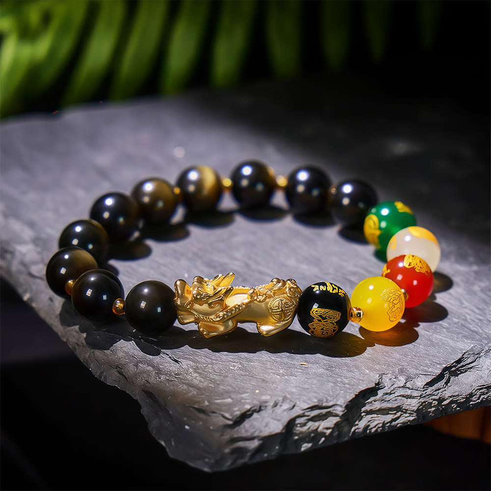 	 FuAttract Golden Radiance – Golden Obsidian & Rainbow Obsidian Bracelet with Pixiu Charm - Golden Obsidian - image 0