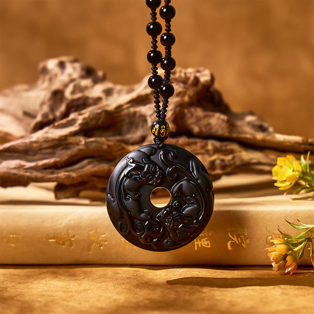 FuAttract Protection & Peace - Obsidian Double Pixiu Peace Pendant Necklace - Black Obsidian - image 0
