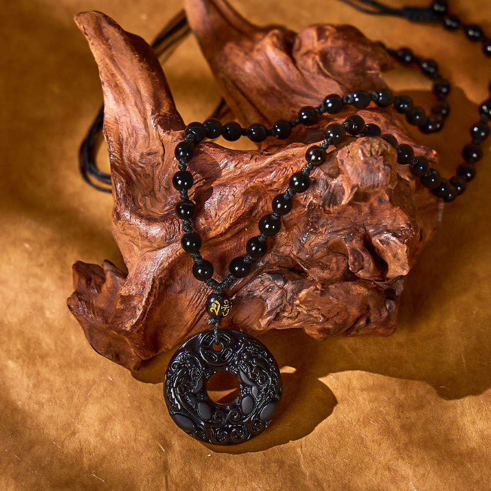 FuAttract Wealth & Protection - Obsidian Double Pixiu Om Mani Padme Hum Bead Necklace - Black Obsidian - image 0