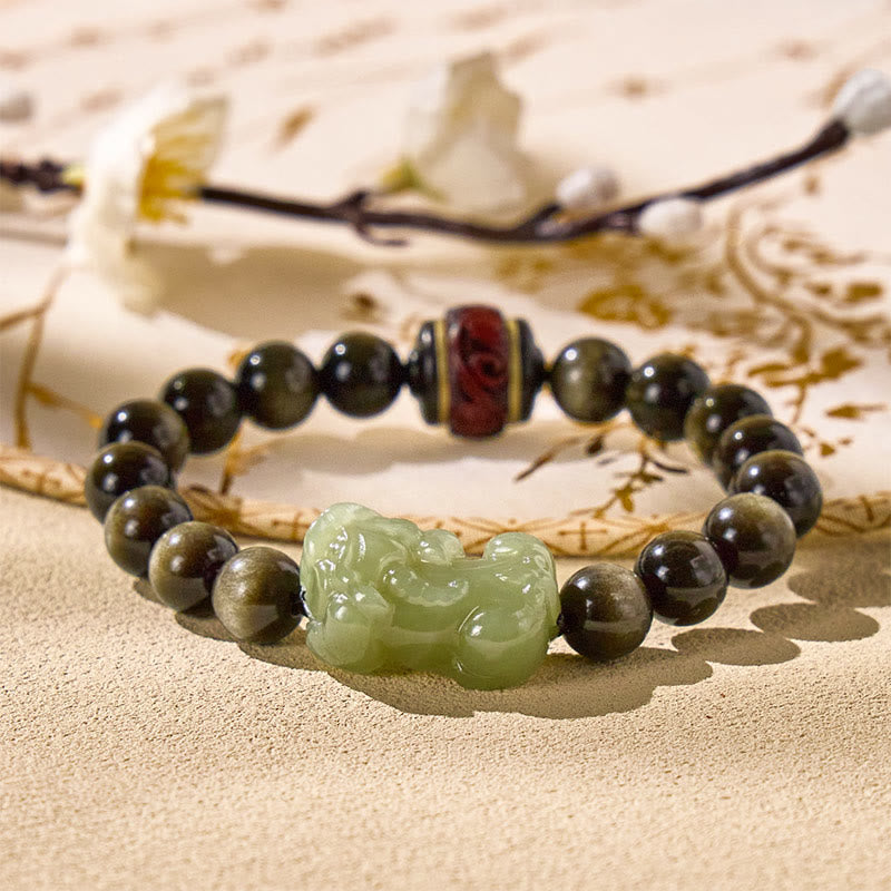 FuAttract Tranquil Wisdom - Handcrafted Jade Pixiu Golden Obsidian Bracelet - Cyan Jade - image 9