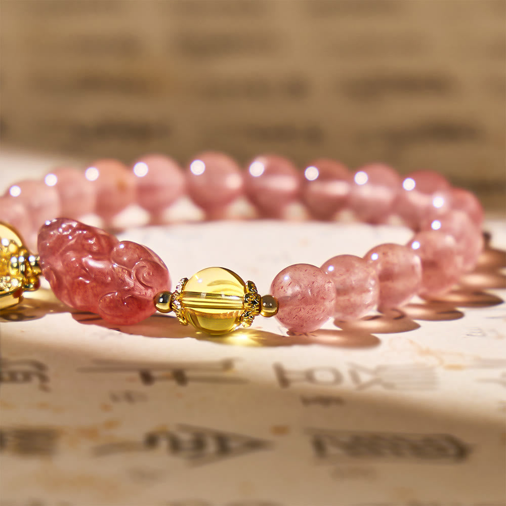 FuAttract Love & Abundance Energy - Strawberry Quartz Citrine FU Character Pixiu Bracelet - image 11