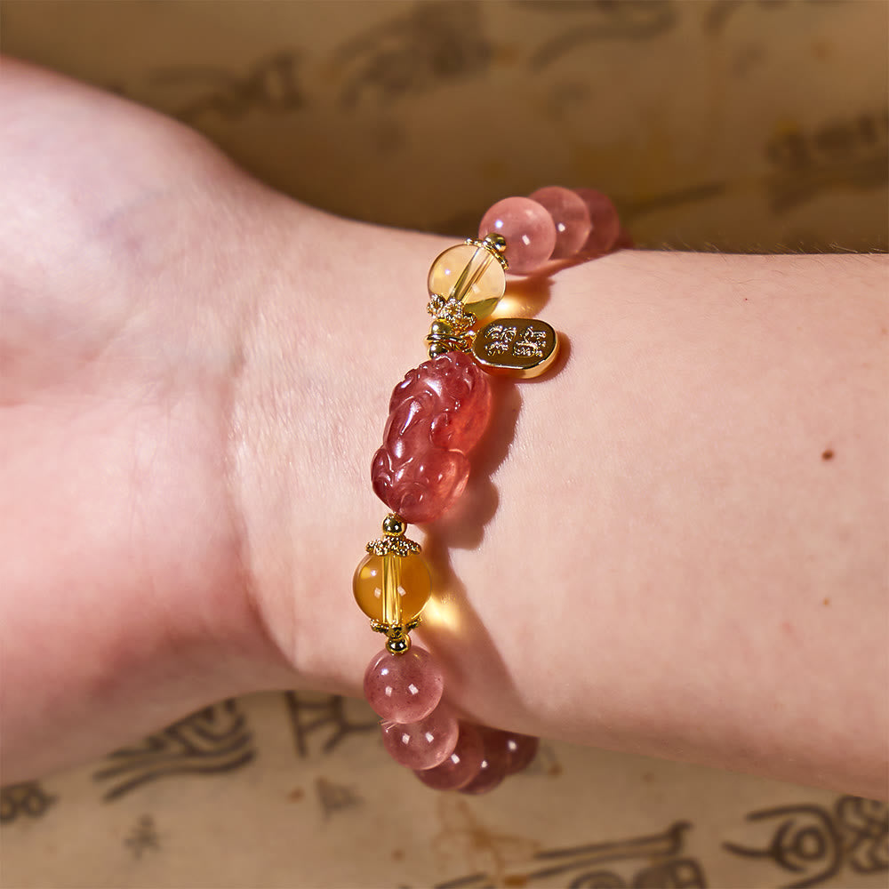 FuAttract Love & Abundance Energy - Strawberry Quartz Citrine FU Character Pixiu Bracelet - image 4