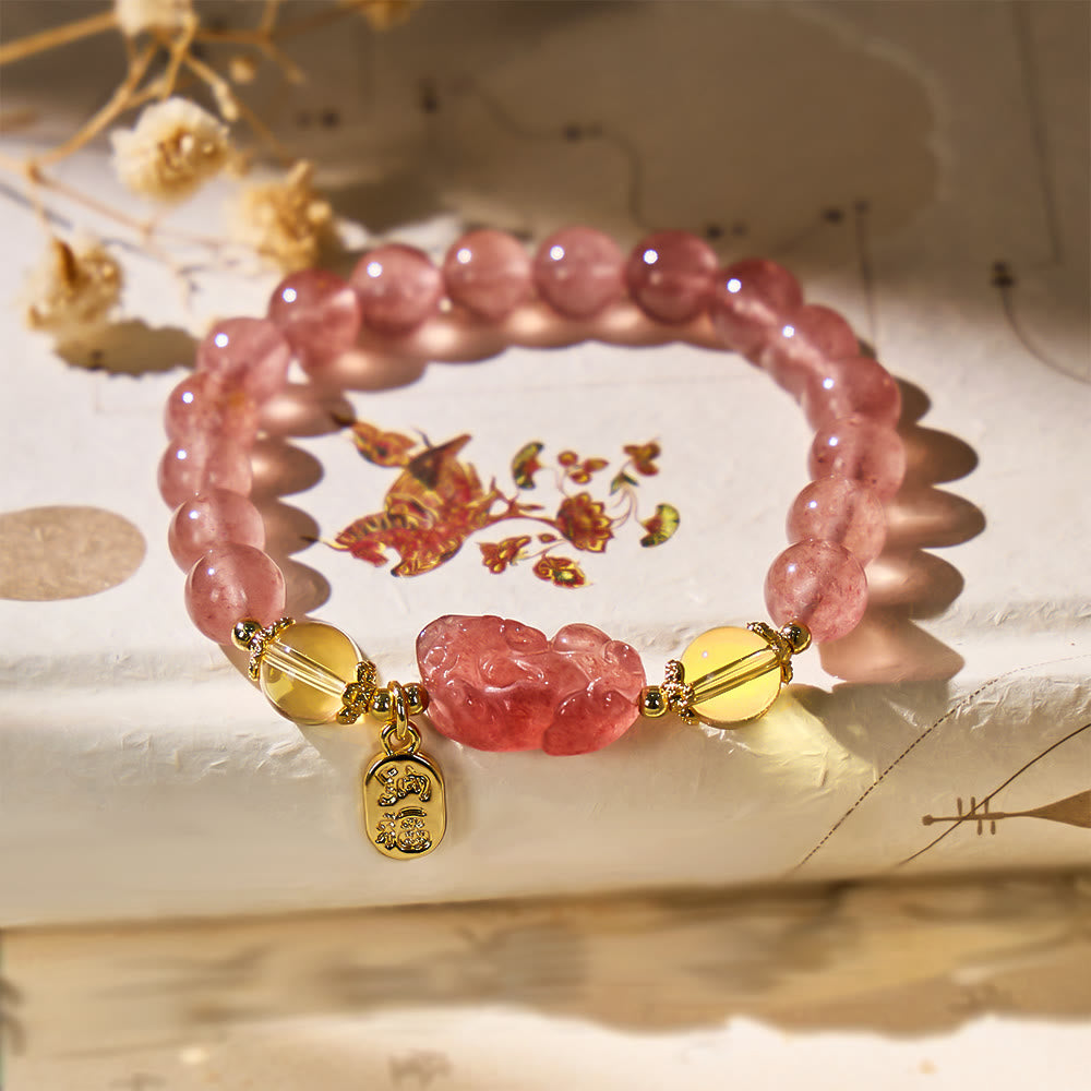 FuAttract Love & Abundance Energy - Strawberry Quartz Citrine FU Character Pixiu Bracelet - Bracelet - image 0