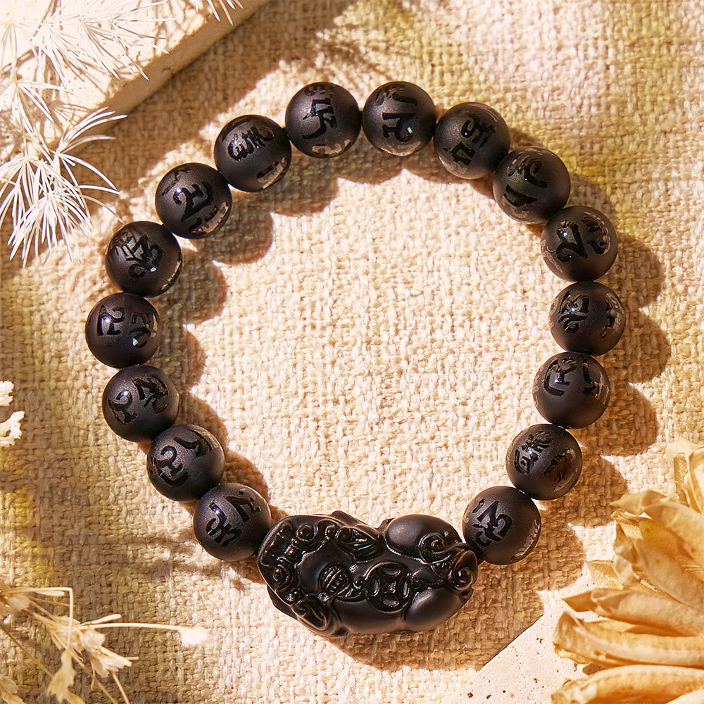 FuAttract Silent Shield – 6 Words Pixiu Wealth Mantra Matte Black Agate Bracelet - image 1