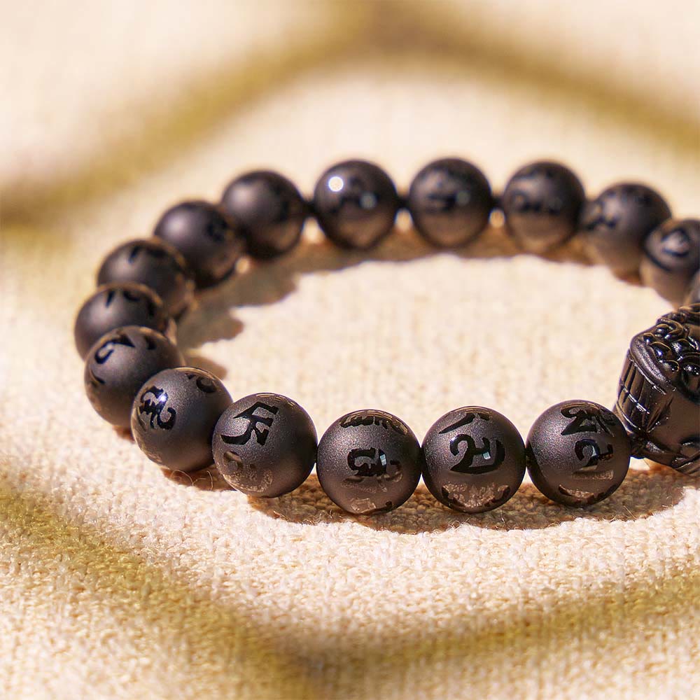 FuAttract Silent Shield – 6 Words Pixiu Wealth Mantra Matte Black Agate Bracelet - image 4