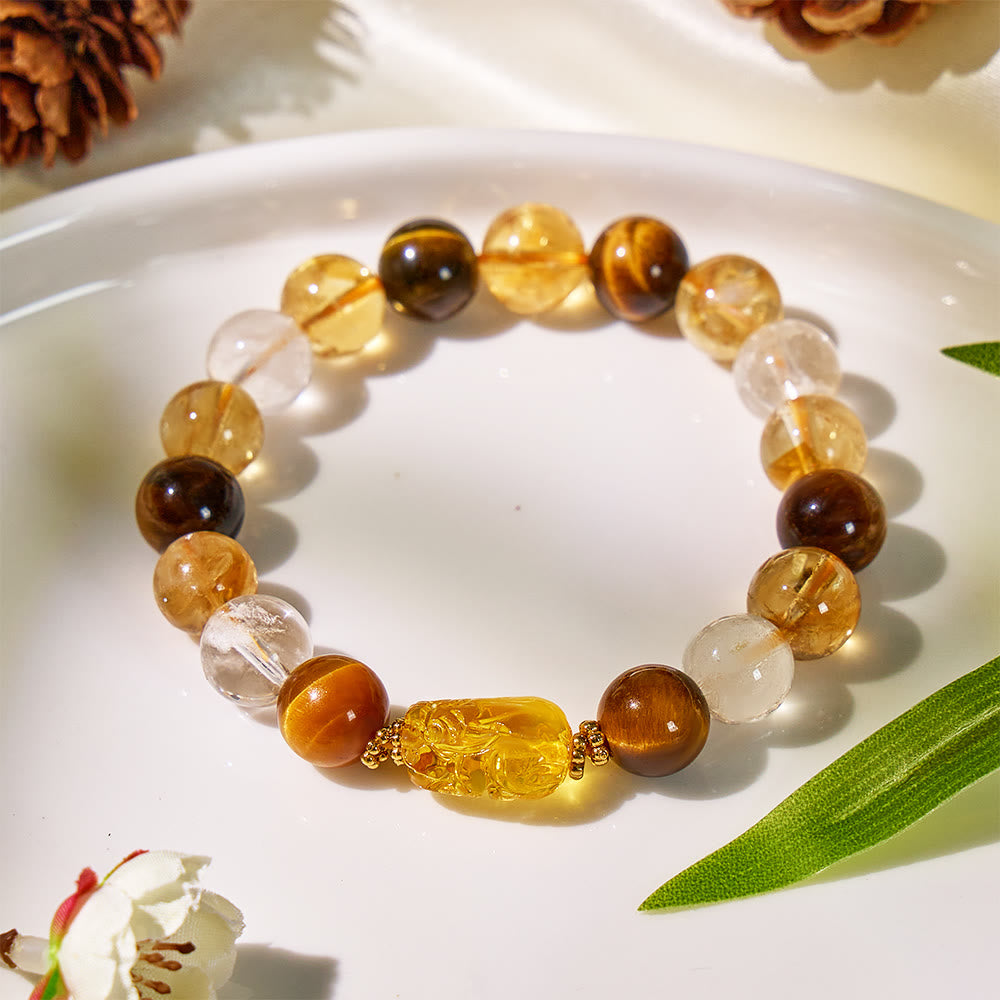Fortune Guardian - Natural Tiger's Eye Citrine Beaded Pixiu Bracelet - image 2