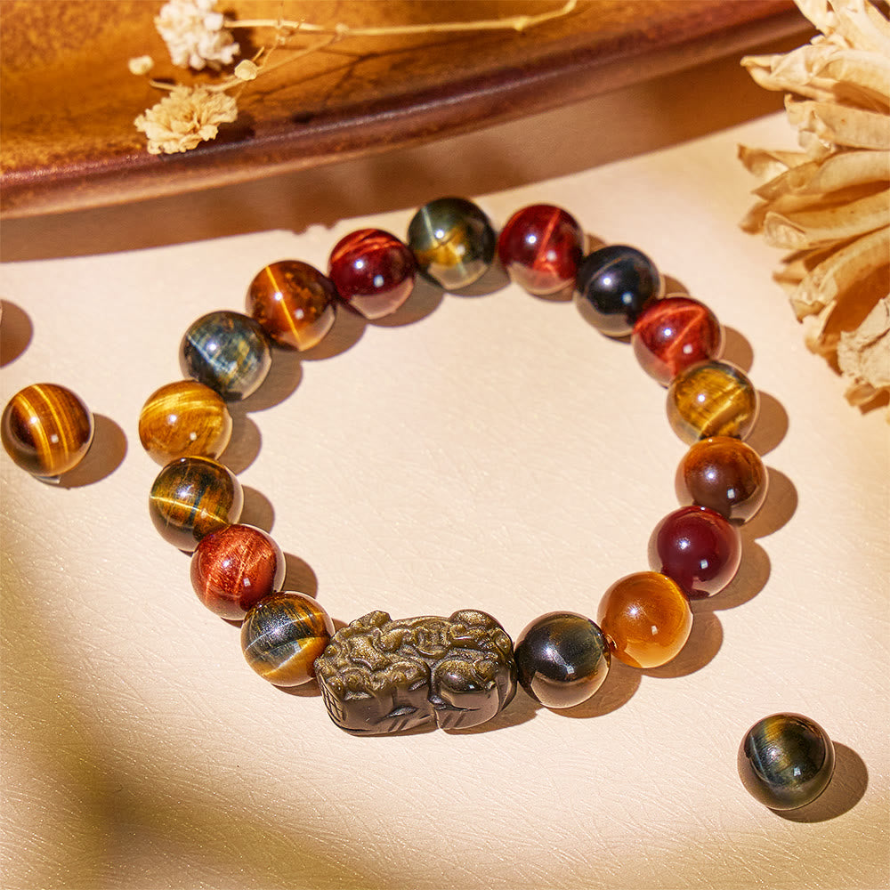 FuAttract Triforce Guardian- Tri-Color Tiger's Eye Power Pixiu Bracelet - Classic - 7.5in/19cm - image 0