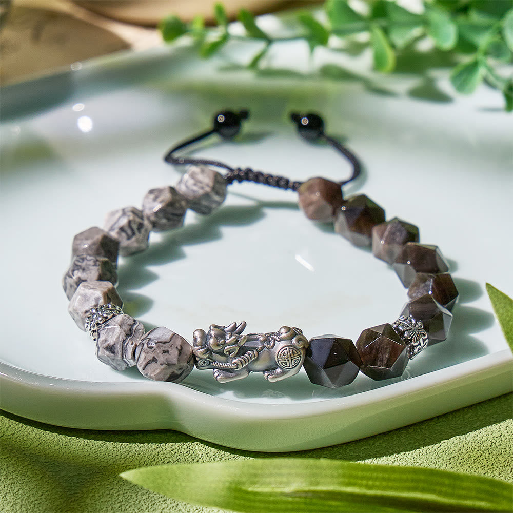 FuAttract Fortune Keeper - Faceted Silver Obsidian & Moss Agate Handwoven Cord Bracelet - Silver Sheen Obsidian+Septarian - image 9