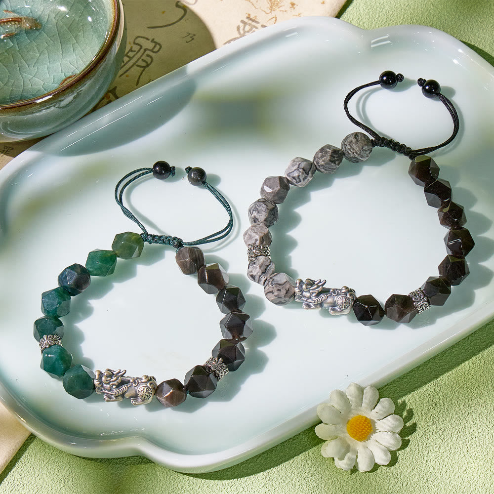 FuAttract Fortune Keeper - Faceted Silver Obsidian & Moss Agate Handwoven Cord Bracelet - image 5