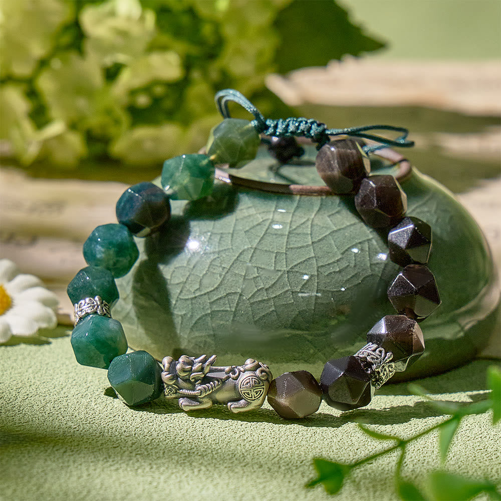 FuAttract Fortune Keeper - Faceted Silver Obsidian & Moss Agate Handwoven Cord Bracelet - image 1