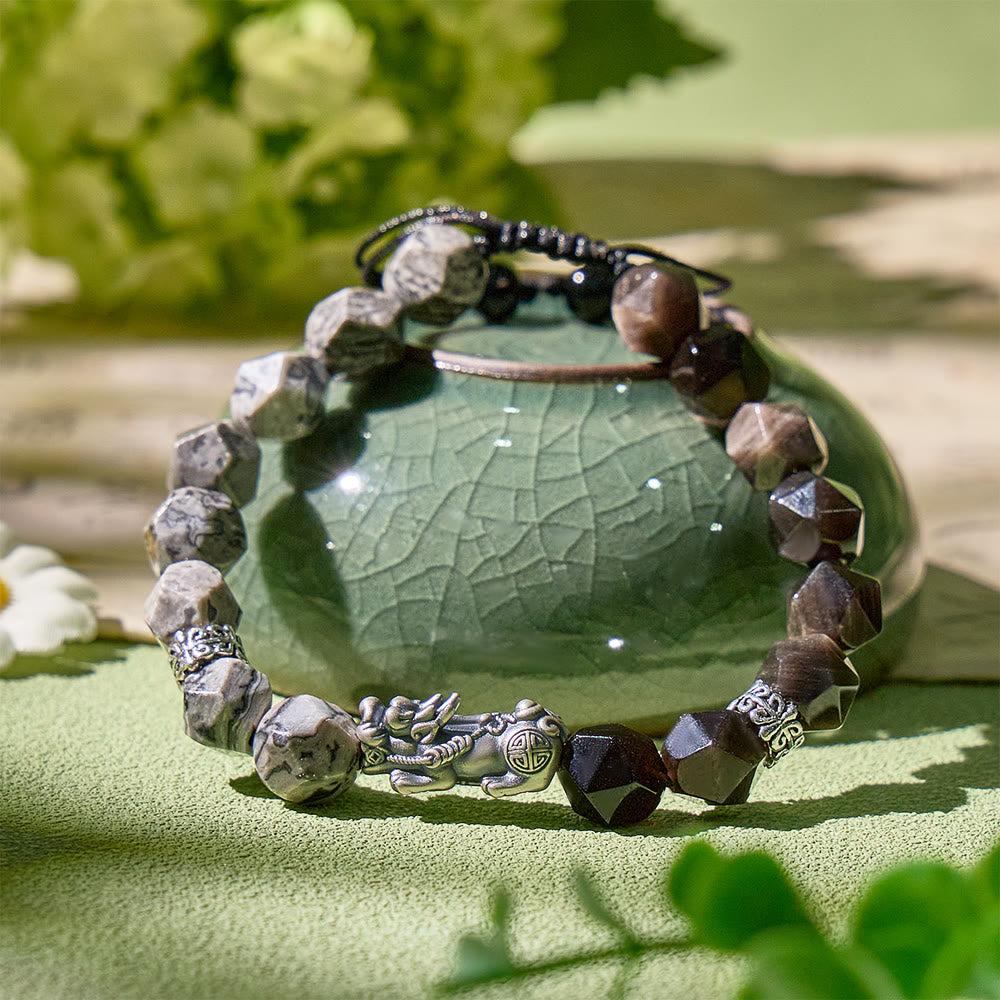 FuAttract Fortune Keeper - Faceted Silver Obsidian & Moss Agate Handwoven Cord Bracelet - image 10