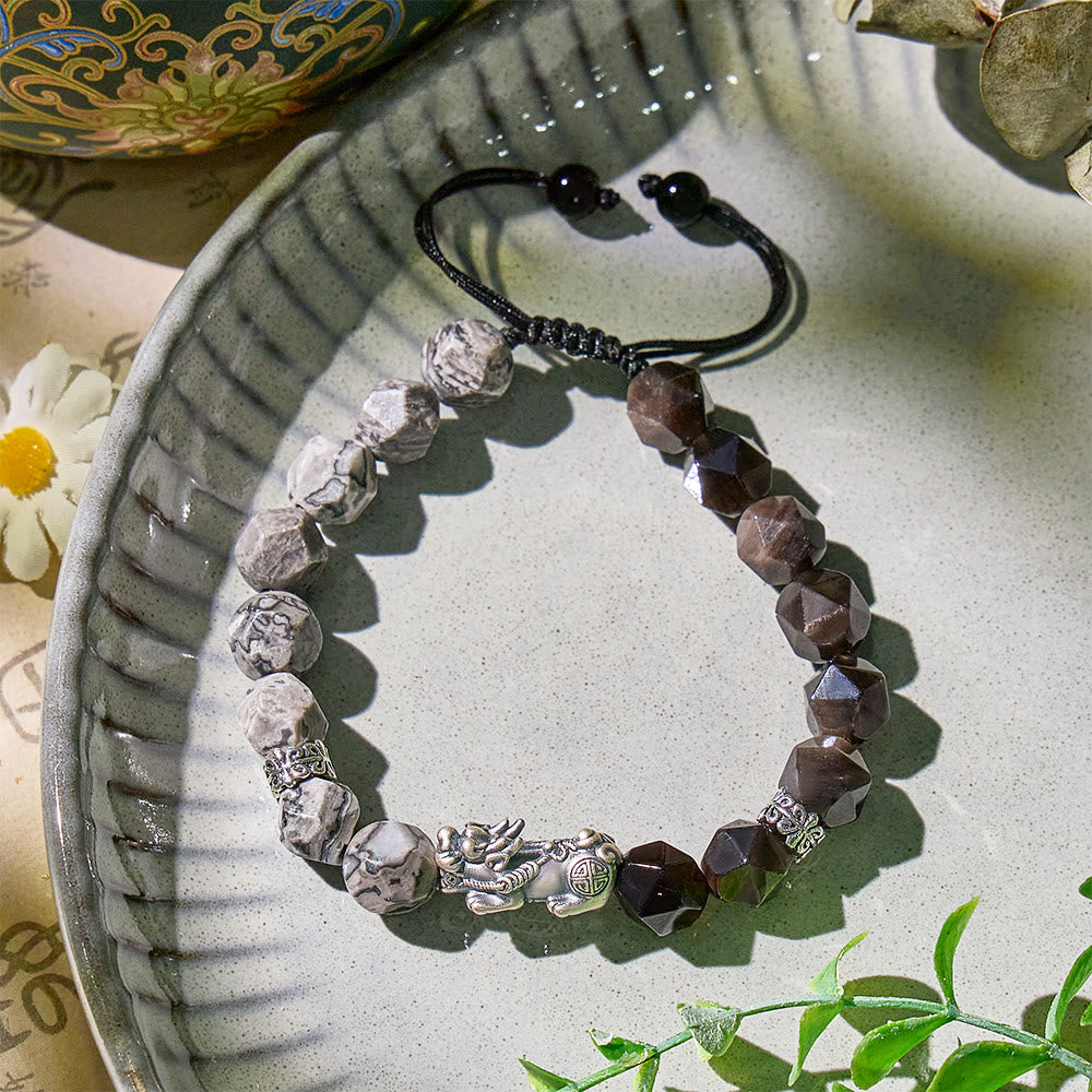 FuAttract Fortune Keeper - Faceted Silver Obsidian & Moss Agate Handwoven Cord Bracelet - image 11