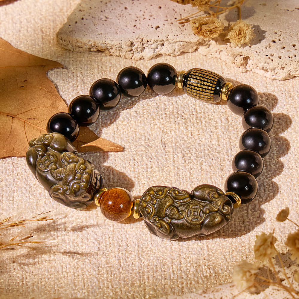 FuAttract Abundance Guardian – Gold Obsidian & Black Obsidian Pixiu Bracelet with Tiger Eye - 10mm - image 0