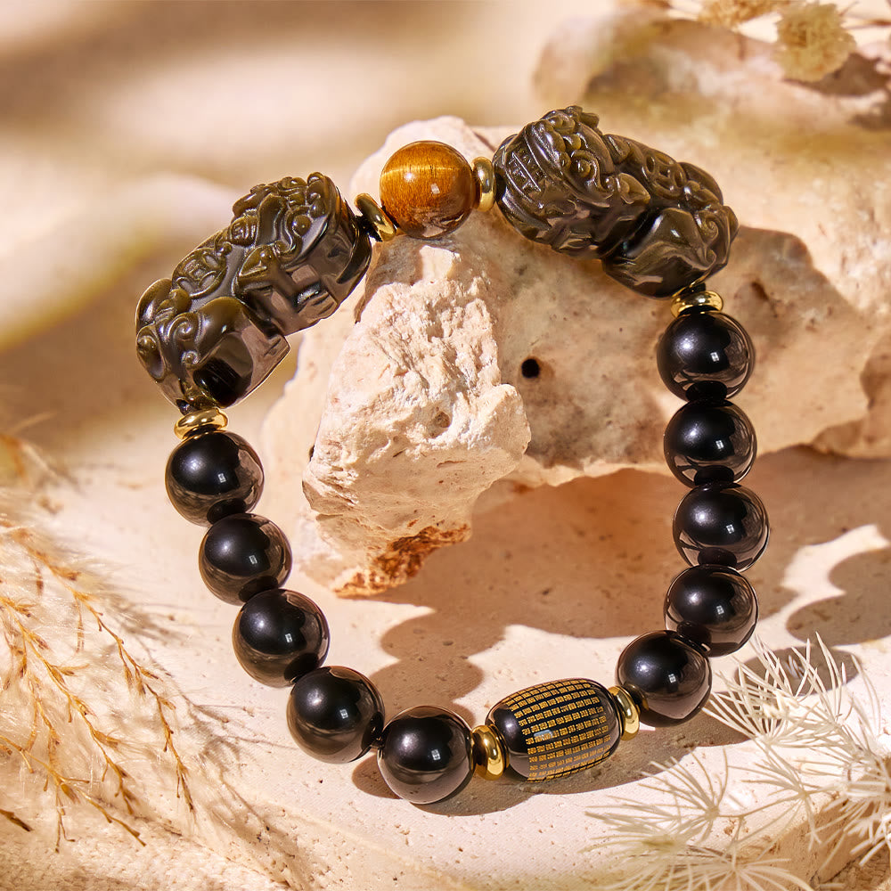 FuAttract Abundance Guardian – Gold Obsidian & Black Obsidian Pixiu Bracelet with Tiger Eye - image 1