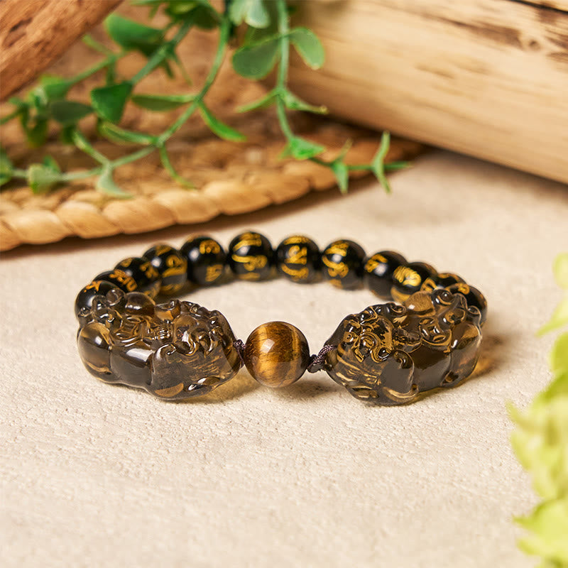 FuAttract Blessed Clarity – Ice Obsidian Pixiu with Tiger Eye & Om Mani Padme Hum Beads Bracelet - image 1