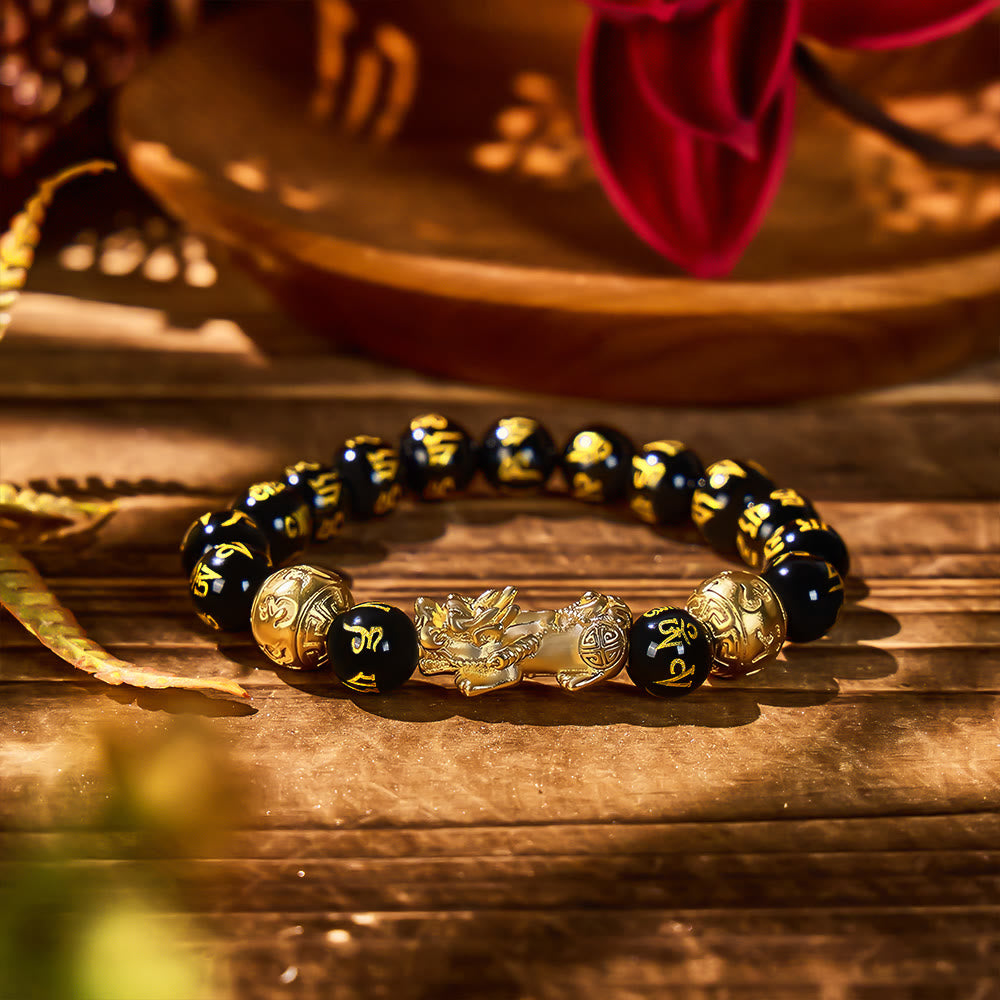 FuAttract Abundance & Protection – Black Onyx Om Mani Padme Hum Beads Pixiu Bracelet - 10mm - image 0