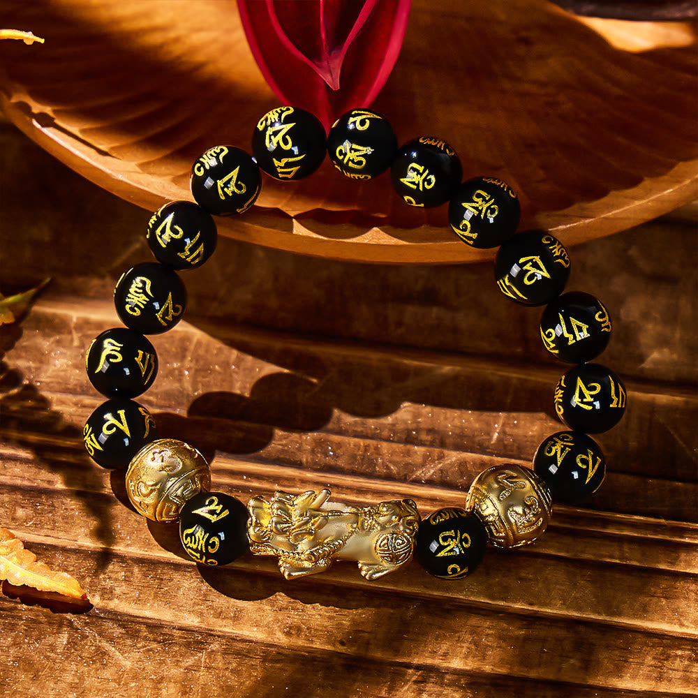 FuAttract Abundance & Protection – Black Onyx Om Mani Padme Hum Beads Pixiu Bracelet - image 1