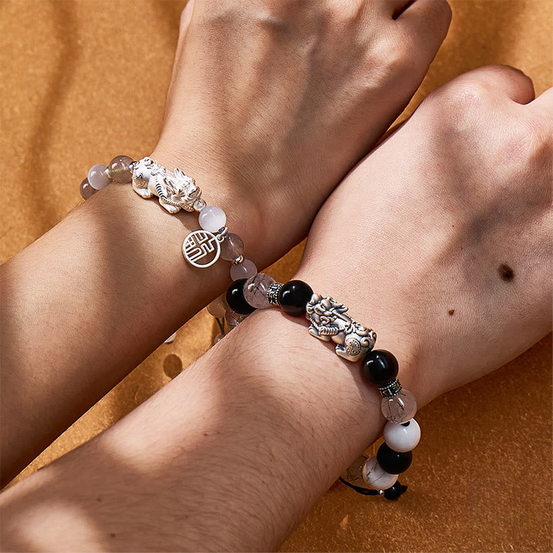 FuAttract Double Happiness - Silver Pixiu Natural Obsidian Bracelet Set - image 2