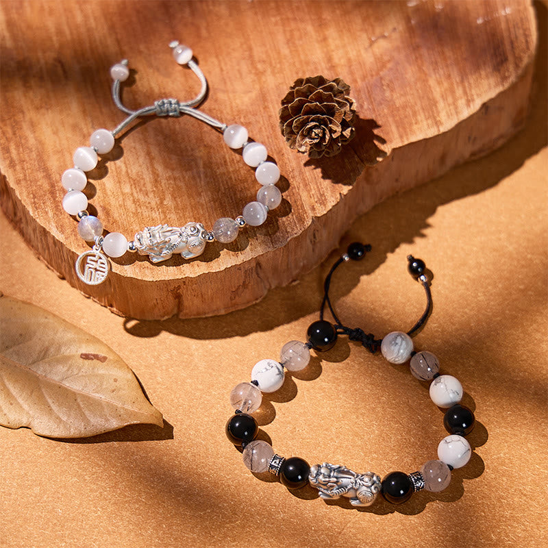 FuAttract Double Happiness - Silver Pixiu Natural Obsidian Bracelet Set - Set - image 0