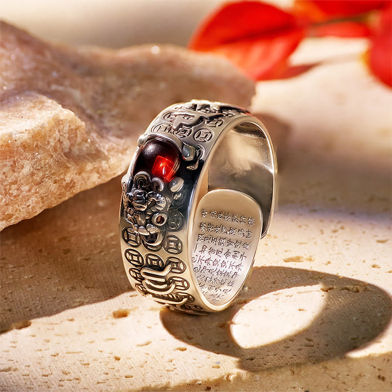 FuAttract Focused Power - Sacred Script Adjustable Silver Garnet Pixiu Ring - Silver - image 0