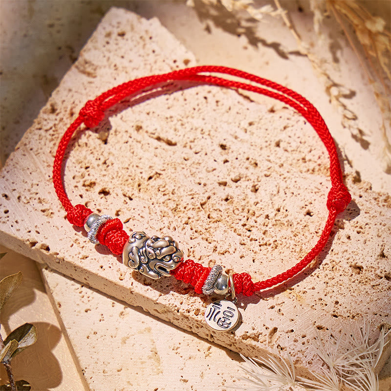 Fuattract Prosperity Braid - Hand-Knotted Fu Charm Silver Pixiu String Bracelet - Red - image 0