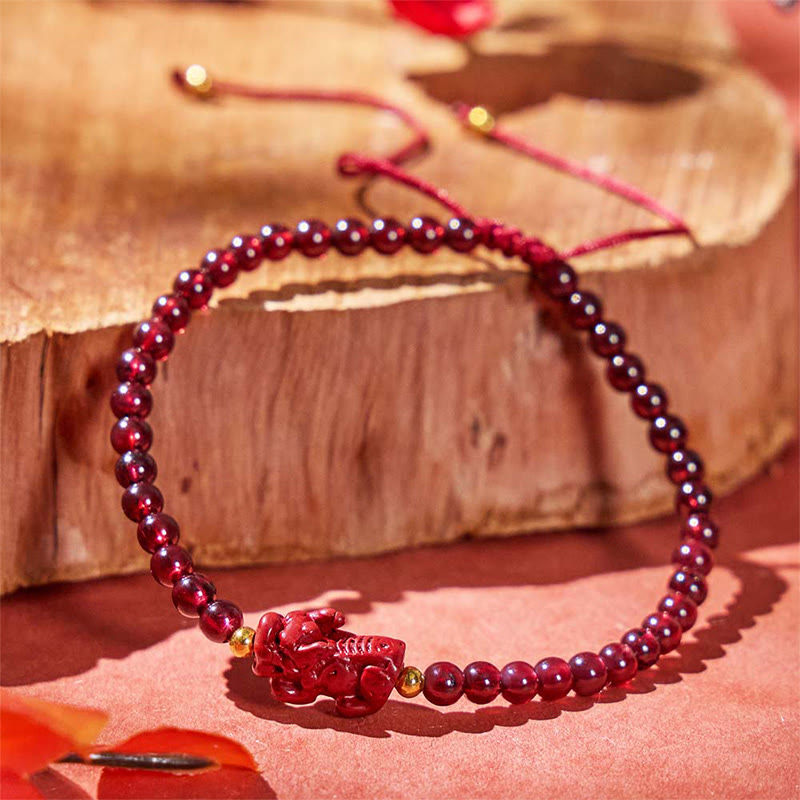 FuAttract Wealth Weaver - Natural Garnet Cinnabar Pixiu Hand-Knotted Bracelet - Cinnabar&Garnet - image 0