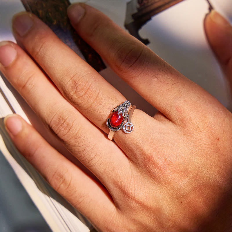 FuAttract Prosperity Coin Catalyst - Adjustable Silver Garnet Pixiu Wealth Ring - image 3
