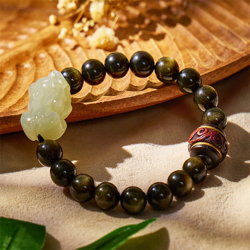 FuAttract Tranquil Wisdom - Handcrafted Jade Pixiu Golden Obsidian Bracelet - image 3