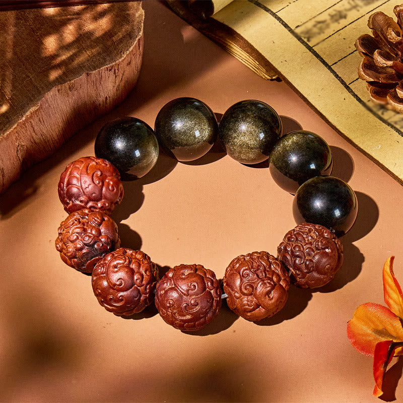 FuAttract Calm Radiance – 20mm Pixiu Carved Lightning-Struck Jujube Wood Golden Obsidian Bracelet - 20mm - image 0