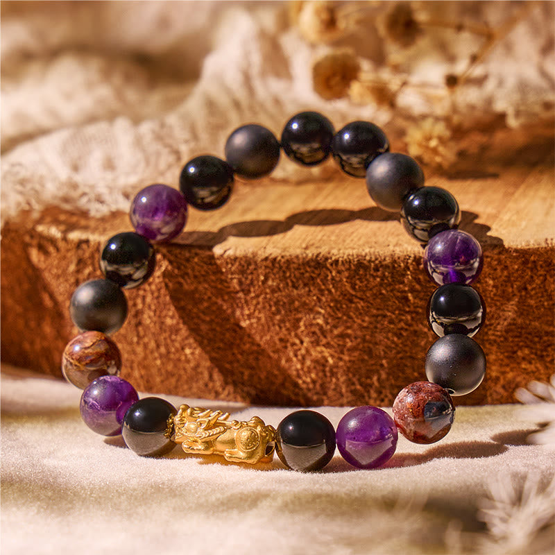 FuAttract Spiritual Strength Bracelet | 999 Sterling Silver Pixiu with Amethyst, Black Onyx & Pietersite - image 2