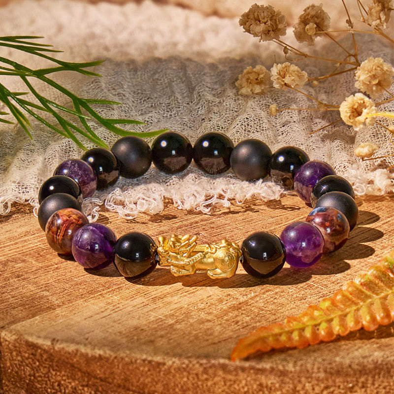 FuAttract Spiritual Strength Bracelet | 999 Sterling Silver Pixiu with Amethyst, Black Onyx & Pietersite - 10mm - image 0