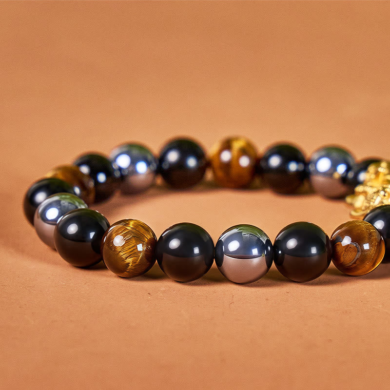 FuAttract Triple Guardian Bracelet – Pixiu + Tiger Eye, Terahertz & Black Obsidian - image 3