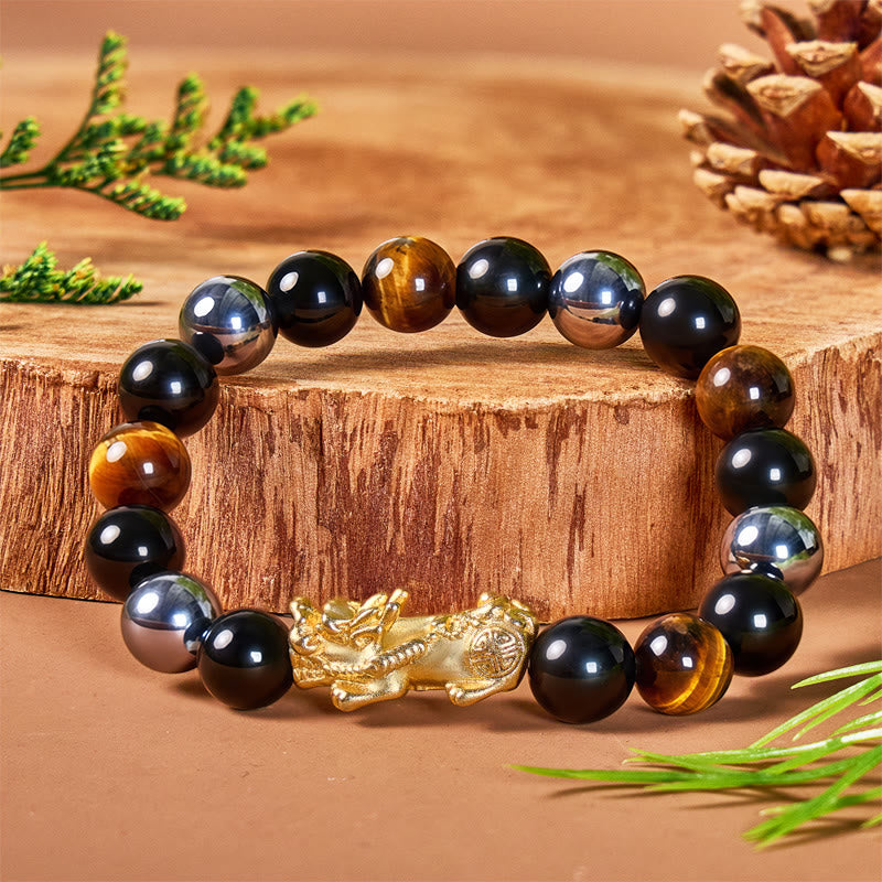 FuAttract Triple Guardian Bracelet – Pixiu + Tiger Eye, Terahertz & Black Obsidian - image 1