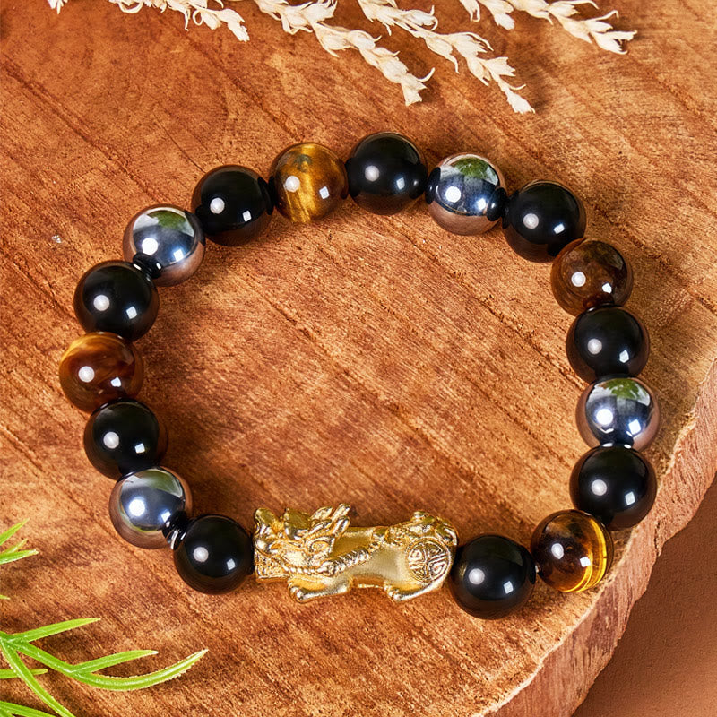 FuAttract Triple Guardian Bracelet – Pixiu + Tiger Eye, Terahertz & Black Obsidian - image 2