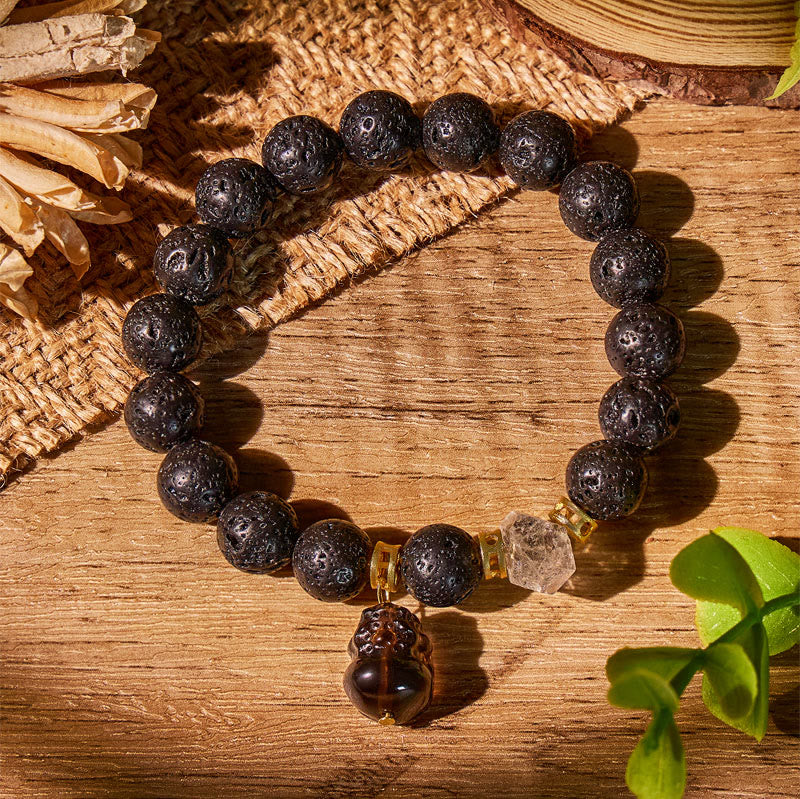 FuAttract Grounded Prosperity – Lava Rock Bracelet with Obsidian Pixiu & White Crystal Accents - image 2