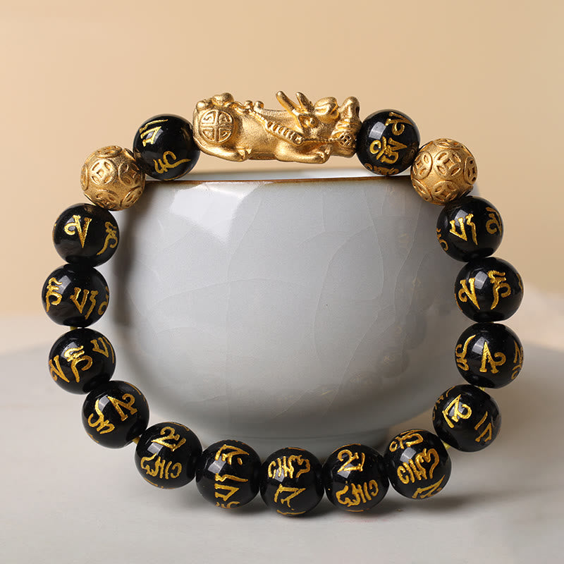 FuAttract Abundance & Protection – Black Onyx Om Mani Padme Hum Beads Pixiu Bracelet - 12mm - image 7