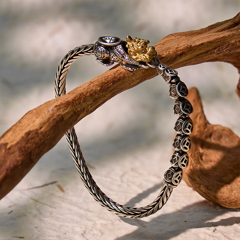 FuAttract Wealth Power Shield - Vintage Coin Pixiu Dragon Bone Sterling Silver Bracelet - 7.1in/18cm - image 0